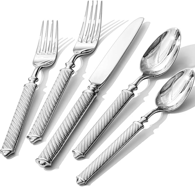 KINGSTONE Retro Rope-Pattern Silverware Set, 10-Piece Flatware Set Cutlery Set Forged with Handcrafted Texture Handles 18/10 Stainless Steel, Dishwasher Safe