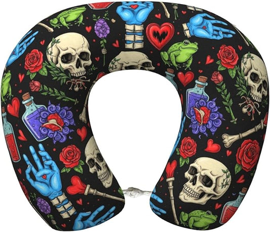 Neck Pillow for Sleeping Rest Nap Halloween Goth Skull Mushroom Vampire Magic Witch Witchcraft, Airplanes/Car/Home Memory Foam Travel Cushion with Polyester Cover Washable for Women Men