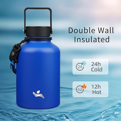 Insulated Water Bottle with Straw,50 oz 3 Lids Water Jug with Carrying Bag,Paracord Handle,Double Wall Vacuum Stainless Steel Metal Flask,Blue