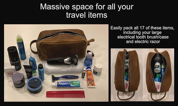 Calissimo Genuine Leather Toiletry Travel Tote Bag - Dopp Kit - Shaving Kit.