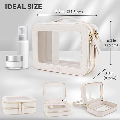 Prite Double Layer Makeup Bag for Women Portable Clear Makeup Bag Cute Waterproof Travel Cosmetic Bag with Gold Zipper for Car Essentials(Beige)