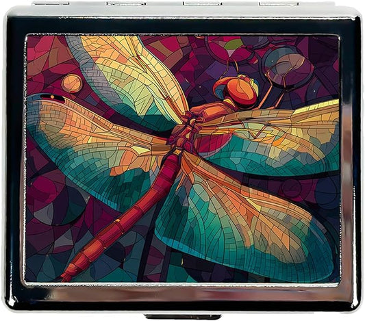 7 Days Chromed Shiny Silver Pill Organizer with Mirror Inside Has 8 Separate Compartments Rectangle,Versatile Storage for Medication - Ideal Travel Accessory (Painted Dragonflies)