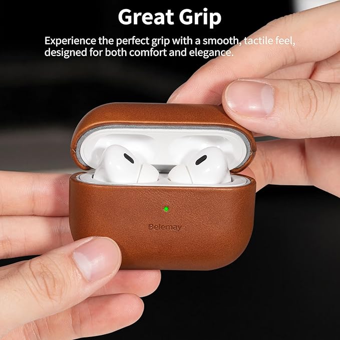 Belemay for AirPods Pro 2nd Generation Case, Compatible with MagSafe and Wireless Charging, Luxury Full-Grain Smooth Leather, Unique Patina, Comfort Grip, Compatible with Airpods Pro 2, Brown