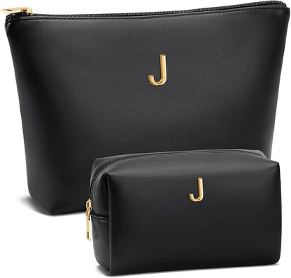 Women Gifts | Initial Makeup Bag Set for Girl Personalized Gifts for Bridesmaid Friend Graduation Teachers PU Leather Cosmetic Travel Toiletry Bag(Black,J)