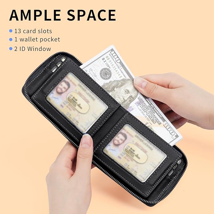 Men’s RFID Blocking Zipper Large Dimensions Wallet with 2 ID Windows - Large Capacity Design, 13 Credit Card Slots