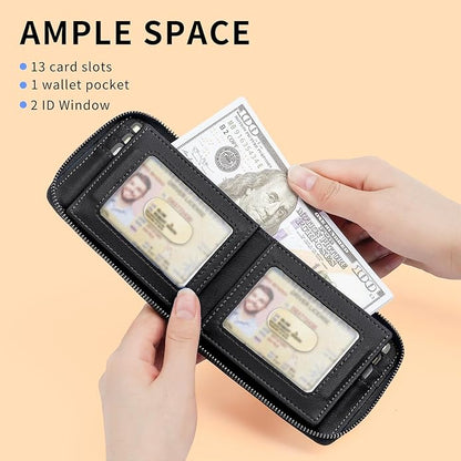 Men’s RFID Blocking Zipper Large Dimensions Wallet with 2 ID Windows - Large Capacity Design, 13 Credit Card Slots