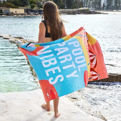 Dock & Bay Beach Towel - Quick Dry, Sand Free - Compact, Lightweight - 100% Recycled - Includes Bag - Pool Party Vibes - Large (160x90cm, 63x35)