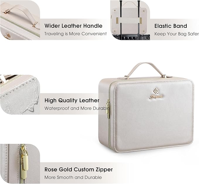 Leather Makeup Case with LED Lighted Mirror 11.4 Inch Travel Makeup Bag Adjustable Brightness in 3 Colors Cosmetic Organizer Artist Storage Bag with Dividers Brush Holder Bag Vanity Pale Gold