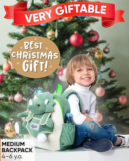 Naturally KIDS Green Dinosaur Backpack for Boys 4-5, Triceratops Dinosaur Gifts for 4-5 Year Old Boys, Girls, Toddler Backpack