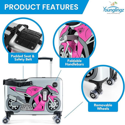Younglingz LIL FLYER GO Version 2 Ride On Suitcase for Kids | Carry On Luggage with Toddler Seat, Foldable Handlebars, Pedals, and Removable Wheels | Holds up to 80 lbs | Pink Motorcycle | Ages 2-6