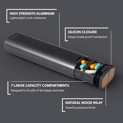 7 Day Weekly Pill Organizer 2.0 by mbarc - Premium Stylish Aluminum and Wood Large Capacity Pill Box for Supplements, Pills, Vitamins and Medication. (Steel Grey)