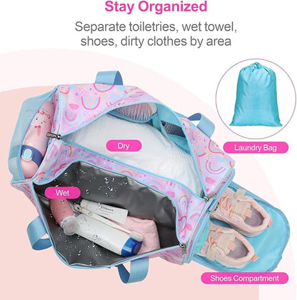 Bagseri Duffel Bags for Kids - Girls Dance Ballet Bag, Waterproof Sports Gymnastics Bag for Travel Overnight with Shoe Compartment and Dry Wet Separation Pockets (Light Purple Blue Rainbow)