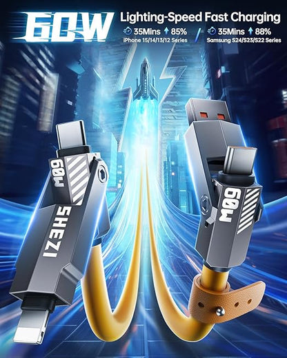 SHEZI Silicone 4 in 1 USB C Cable 60W 5FT Compatible with Lightning Cable, Fast Charging for iPhone Charger Cord [480Mbps Data Sync],Multi Charging Cable with Type C/USB A, Yellow