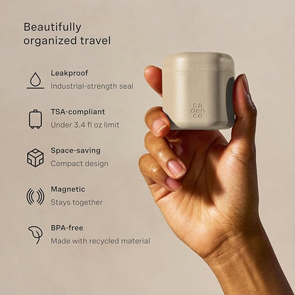Cadence Travel Containers Haircare Capsule Set - Magnetic Containers with Lids,Carry On Travel Essentials For Women/Men - 3 Flex Mediums (1.32oz) - Shampoo, Conditioner & Comb Icon Labels - Sand