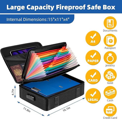 File Organizer, Hard Case Fireproof Document Box with Lock, Hard-Shell Important Document Organizer Safe Box Fireproof Waterproof, Home Office Supplies Storage and Organization (Black)