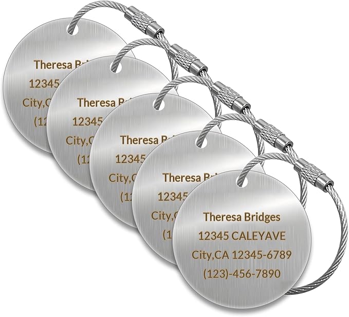 (5pcs) Made in USA Personalized Engraved Luggage tag-Custom Luggage Metal Tags for Unique Suitcase & Backpack Travel, Durable, Waterproof & Heavy Duty (Round)