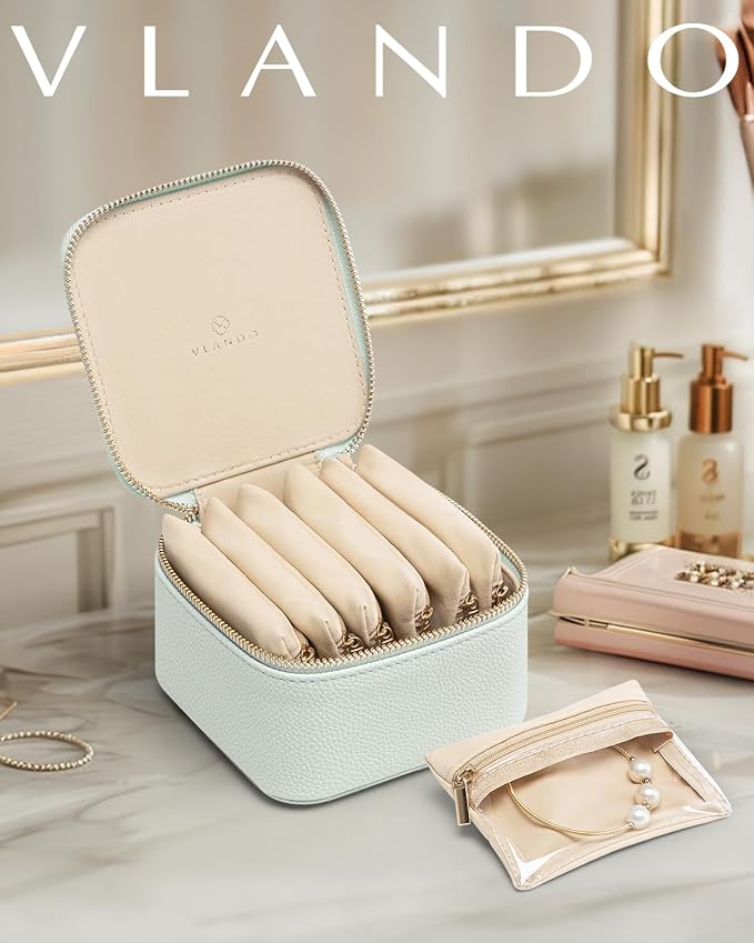 Vlando Travel Jewelry Box,Jewelry Travel Case with 6 Velvet Jewelry Zipper Pockets Travel Jewelry Organizer for Ring Bracelet Christmas Wedding Birthday Gifts for Wife Daughter Lake Blue