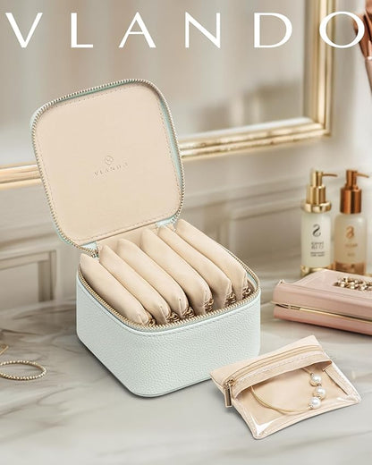 Vlando Travel Jewelry Box,Jewelry Travel Case with 6 Velvet Jewelry Zipper Pockets Travel Jewelry Organizer for Ring Bracelet Christmas Wedding Birthday Gifts for Wife Daughter Lake Blue