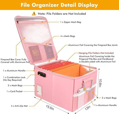 TOMKID 5200°F Fireproof Document Box, Fire Important Document Organizer with Lock, Upgraded Heat Insulated Filing Storage Cabinet Office Organization (5200°F Fireproof Box, Pink)