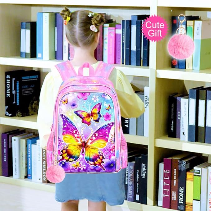 WZLVO 3PCS Butterfly Backpack for Girls, 16'' Kids Preschool Bookbag with Lunch Box, Cute Animal Water ResistantSchool Bag Set for Elementary Kindergarten Travel