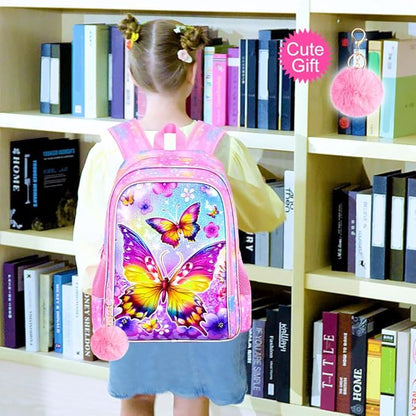 WZLVO 3PCS Butterfly Backpack for Girls, 16'' Kids Preschool Bookbag with Lunch Box, Cute Animal Water ResistantSchool Bag Set for Elementary Kindergarten Travel