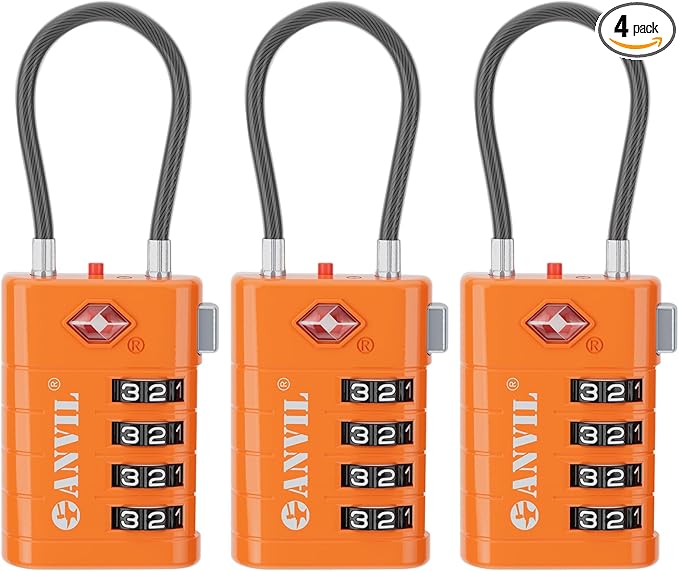 ANVIL 4 Digit Luggage Locks, TSA Locks for Luggage, Advanced TSA008 core, Alert Indicator for Your Travel Lock, Suitcase Lock. (3, Orange)