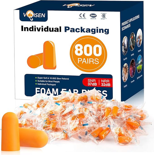 VOISEN Ear Plugs, 800 Pairs EarPlug for Sleeping,32dB NRR 37dB SNR Ear Plugs Noise Cancelling for Snoring, Studying, Loud Events, Traveling & Concerts, Individual Package