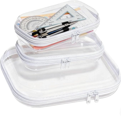 3PCS Clear Hard Plastic Zipper Case, Double Zippers Hard Pouch, Portable Travel Organizer Bin Clear Makeup Bag for Toy Storage, Snack Bag, Cosmetics, Pencil Case, Diaper Bag, Toiletry Bag