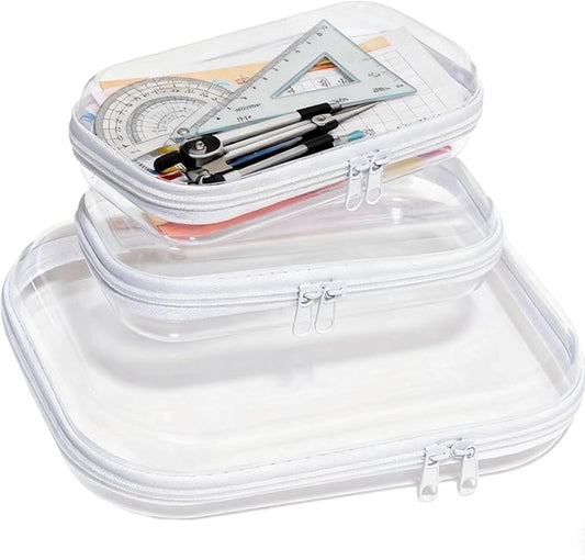 3PCS Clear Hard Plastic Zipper Case, Double Zippers Hard Pouch, Portable Travel Organizer Bin Clear Makeup Bag for Toy Storage, Snack Bag, Cosmetics, Pencil Case, Diaper Bag, Toiletry Bag