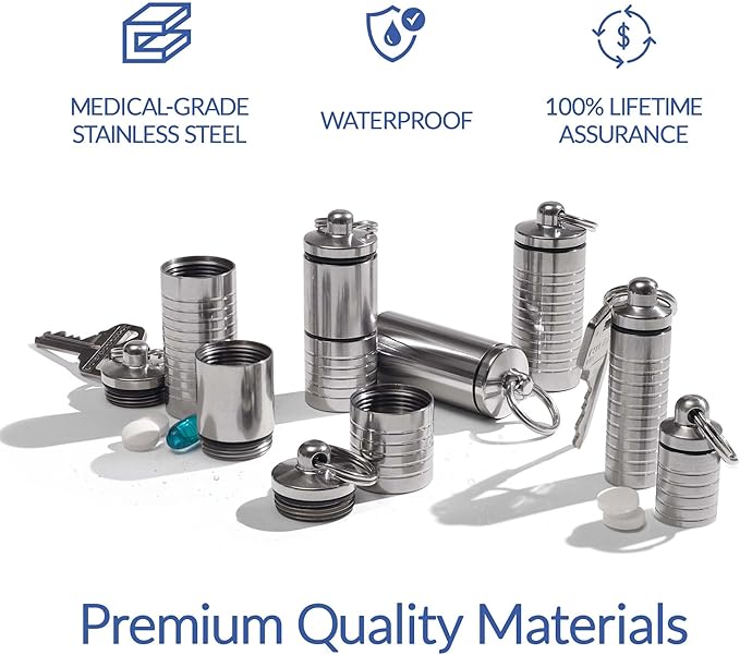 Cielo Pill Holders - Wide Single Chamber Nitroglycerin Keychain Pill Holder, Made in USA, Stainless Steel Pill Keychain Container, Waterproof Pill Case with Customizable Chambers