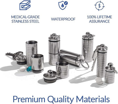 Cielo Pill Holders - Wide Single Chamber Nitroglycerin Keychain Pill Holder, Made in USA, Stainless Steel Pill Keychain Container, Waterproof Pill Case with Customizable Chambers