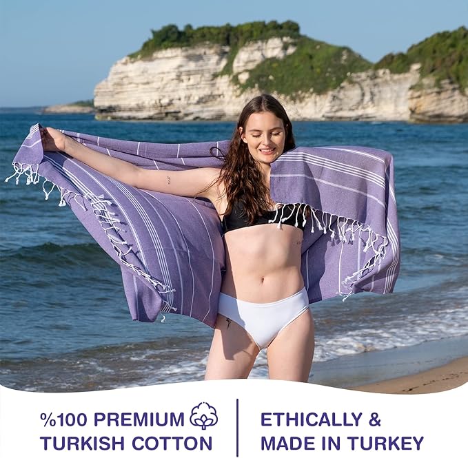 Turkish Beach Towels, Pack of 2 | Oversized, Quick Dry, Sand Free | 100% Cotton, Large 38x71 Towels for Beach, Pool, Travel | Ultra-Soft, Compact, and Absorbent | Purple
