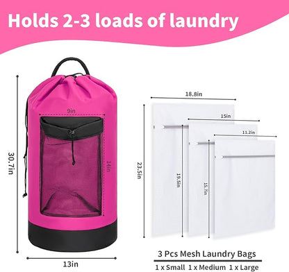Laundry Bag Backpack with 3 Sizes Mesh Wash Bags and Shoulder Straps Foldable Clothes Hamper Bag with Drawstring Closure for College, Apartment, Laundromat (Pink)