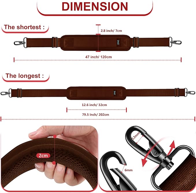 ZINMARK Shoulder Strap 59 inch, Extra-Thick Fixed Cushion Pad and Dual Clasps Universal Replacement Strap for Bags, Camera, Crossbody，Lawn mower Brown