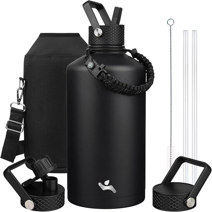 Gallon Insulated Water Bottle with Straw,128 oz 3 Lids Water Jug with Carrying Bag,Paracord Handle, Double Wall Vacuum Stainless Steel Metal Flask,Black