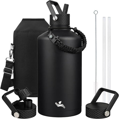 Gallon Insulated Water Bottle with Straw,128 oz 3 Lids Water Jug with Carrying Bag,Paracord Handle, Double Wall Vacuum Stainless Steel Metal Flask,Black