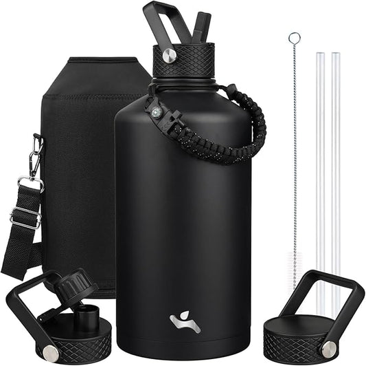 Gallon Insulated Water Bottle with Straw,128 oz 3 Lids Water Jug with Carrying Bag,Paracord Handle, Double Wall Vacuum Stainless Steel Metal Flask,Black