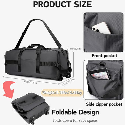 Rolling Duffle Bag with Wheels, 92L 34” Folding Duffle Backpack Soft-Sided with 2 Wheels, 6-way Carry-On Large Travel Bag Men/Women Multiple Pockets for Long Trip, Blue