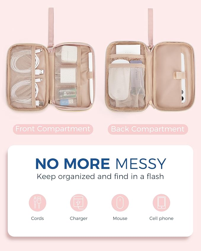 BAGSMART Electronic Cord Cable Organizer Travel Bag Case, Double Layers Tech Electronic Bag, Essentials for Charger, Cable, Phone, Flash drive, Pink