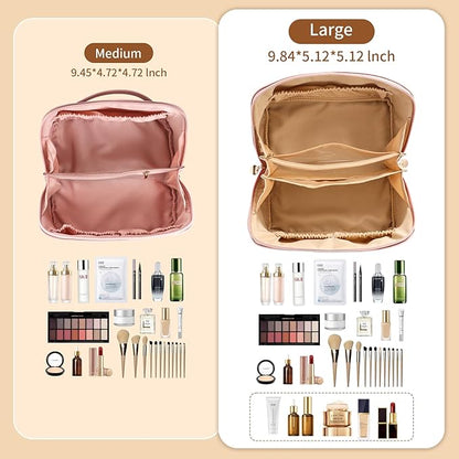 Travel Makeup Bag, Large Capacity Cosmetic Organizer Bags for Women, Waterproof PU Leather Toiletry Bags, Wide Open Flat Makeup Case with Divider and Handle
