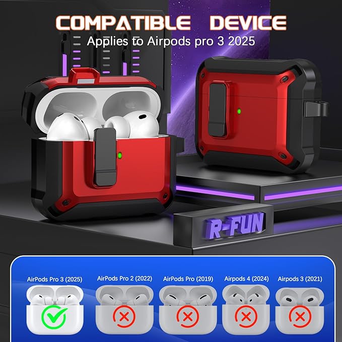 R-fun for AirPods Pro 3 Case (2025) Cover with Cleaning Kit, Military-Grade Heavy-Duty Drop-Resistant with Auto Pop-Up Lid for AirPods Pro 3rd Generation 2025 USB-C Charging Case, Red