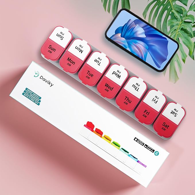 Daviky Extra Large Pill Organizer 2 Times a Day, Am Pm Pill Organizer 7 Day, Pill Box 7 Day to Hold Daily Medicine Vitamin and Supplements for Elders, Arthrtic Patients and Kids (Red)