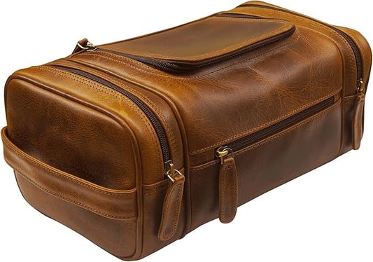 ELIZO Genuine Leather Toiletry Bag for Men Mens Toiletry Bags for Traveling Waterproof Hanging Leather Dopp Kit w/Hook Extra largeToiletry Bag Travel Organizer for Toiletries