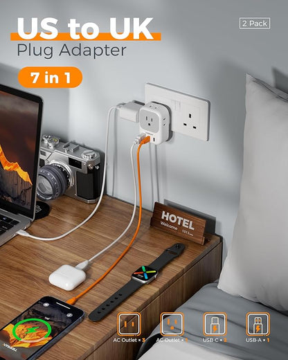 US to UK Plug Adapter 2 Pack, TESSAN Type G Adapter for Travel with 4 Outlets 3 USB (2 USB-C), Power Adaptor for US to UK Ireland London Scotland Kenya Dubai Singapore Hong Kong