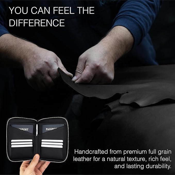 Full Grain Leather Passport Holder for 2 Passports - Dual Passport Holder and Travel Documents Organizer - RFID Travel Wallet for Couples - Black