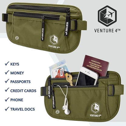VENTURE 4TH Travel Money Belt - Slim Passport Holder RFID Blocking Travel Pouch to Protect Cash, Credit Cards and Travel Documents (Green)