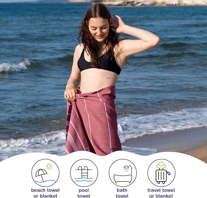 Turkish Beach Towels, Bulk Case of 12 | Oversized, Quick Dry, Sand Free | 100% Cotton, Large 38x71 Towels for Beach, Pool, Travel | Ultra-Soft, Compact, Absorbent | Burgundy