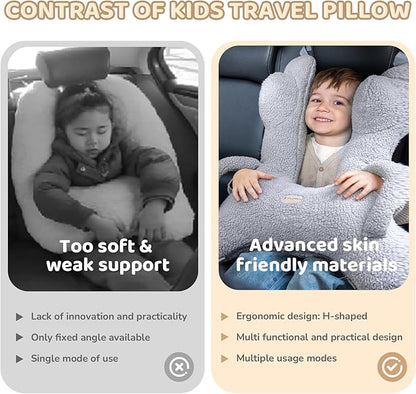 FLORICH Kids Travel Pillow, Car Sleeping Travel Pillow for Kids, Removable H-Shaped Pillow for Adults and Children to Support Head and Body Road Trips with Neck Pillow and Blanket (Grey)
