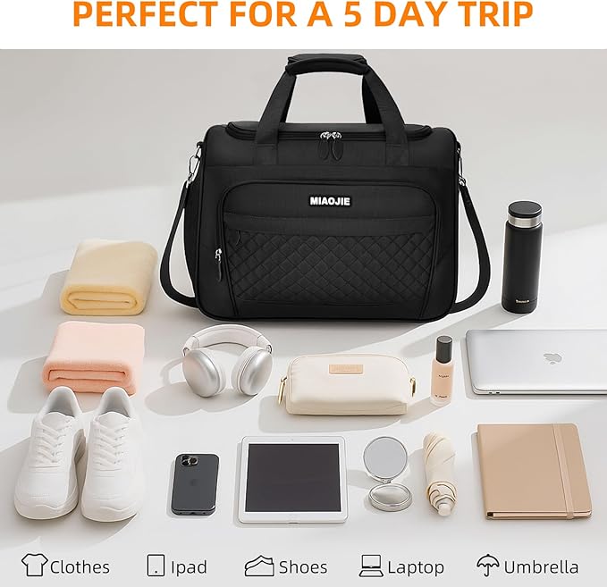 Travel Duffle Bag for Women, Underseat Carry On luggage Bag Foldable Overnight Weekender Hospital Bag Lightweight Airplanes Personal Item Travel Tote Bag for Women Birthday Gifts, 18IN Black