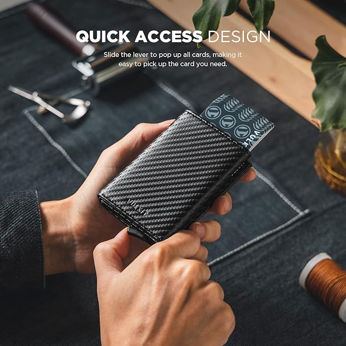 VULKIT Pop up Card Wallet Minimalist Cash Wallets RFID Blocking Leather Smart Credit Card Holder with ID window for Men (Carbon Black)